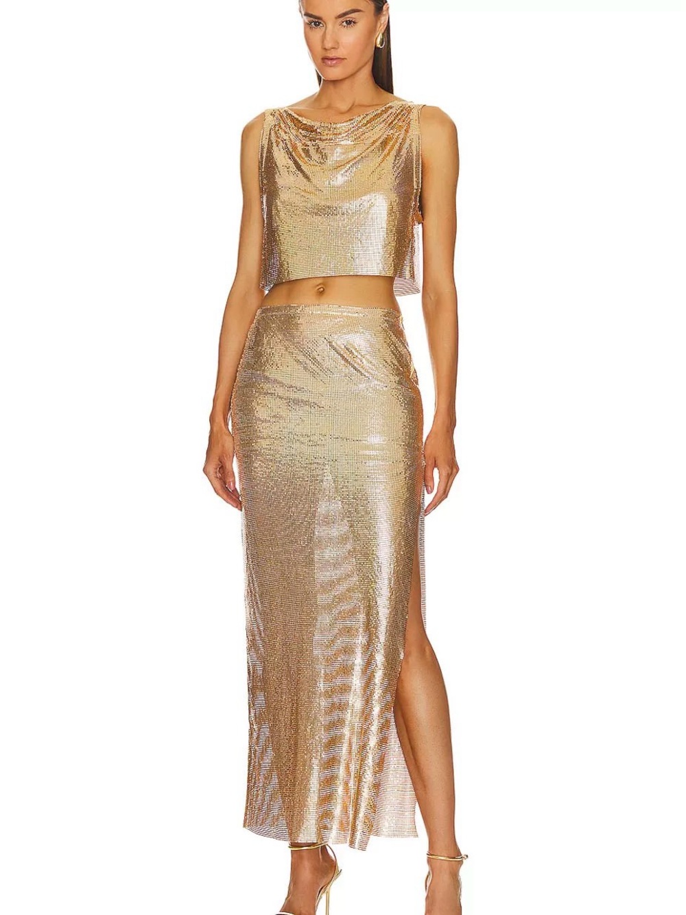 🆕 LOVERS and FRIENDS Sasha Gold Metallic Maxi high slit Skirt, party luxury